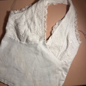 Frankee & Skylarr Scalloped Lace Halter Top White V-Neck Fitted Mid-Length S